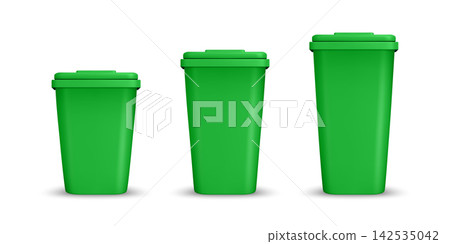 Green Trash Bin Vector Illustration. 3d Green Trash Can Set. Waste Bin Illustration for Recycling, Garbage Collection, Eco Cleaning, Waste Management, Trash Container, Environmental Design Green Trash Bin Vector Illustration. 3d Green Trash Can Set. Waste Bin Illustration for Recycling, Garbage Collection, Eco Cleaning, Waste Management, Trash Container, Environmental Design 142535042