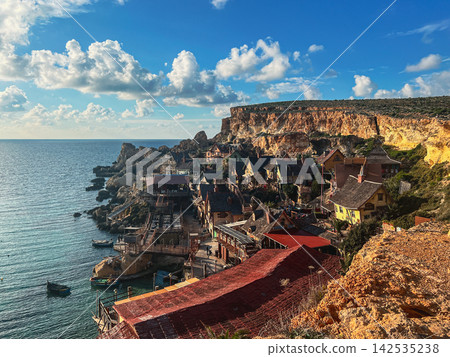 Elevated View of Popeye Village Film Set at Anchor Bay Malta Elevated View of Popeye Village Film Set at Anchor Bay Malta 142535238