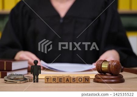 Courtroom scene depicting a judge preparing for a treason case with legal symbols and a serious atmosphere Courtroom scene depicting a judge preparing for a treason case with legal symbols and a serious atmosphere 142535522