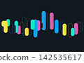 A modern, abstract digital graphic featuring neon-colored curves flowing against a black background. 142535617