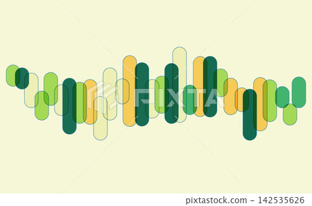 A modern abstract graphic featuring green and yellow capsule-shaped figures against a cream-colored background. 142535626