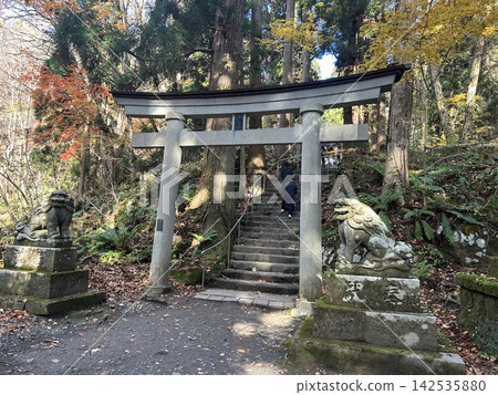這是位於青森縣十和田湖畔的十和田神社的石鳥居、兩側的守護獅犬以及鳥居外的石階的照片。 這是位於青森縣十和田湖畔的十和田神社的石鳥居、兩側的守護獅犬以及鳥居外的石階的照片。 142535880