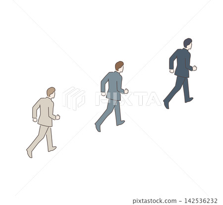 A line drawing/illustration of a business person moving forward and growing; a step-up image; business design material. A line drawing/illustration of a business person moving forward and growing; a step-up image; business design material. 142536232