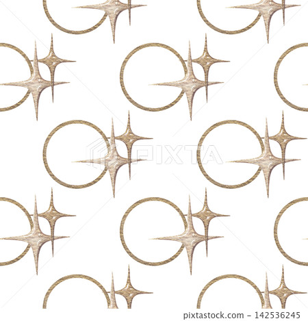 Golden moon and four pointed star minimalist seamless pattern. Hand drawn watercolor sparkle with circle. Vintage graphic for astrology design. Simple repeat for celestial fabric or wallpaper. 142536245
