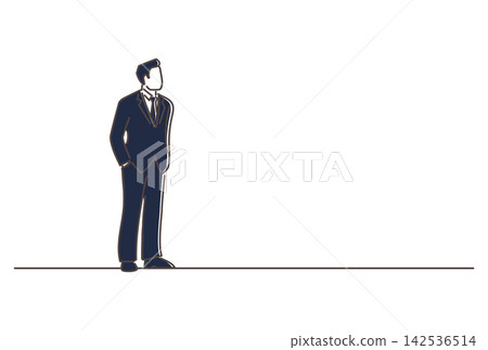 一幅簡潔的線條畫，描繪了一位商務人士展望未來的情景：願景、領導力、事業、思考 142536514