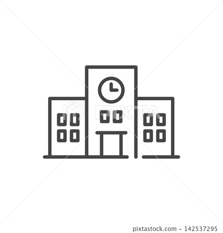 學校建築和時鐘的向量圖示(線條藝術,單色),代表學校和教育設施。 學校建築和時鐘的向量圖示(線條藝術,單色),代表學校和教育設施。 142537295