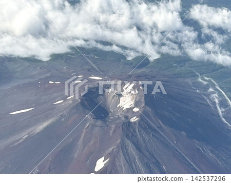 從飛機舷窗看到的富士山巨大的火山口和殘雪。 從飛機舷窗看到的富士山巨大的火山口和殘雪。 142537296