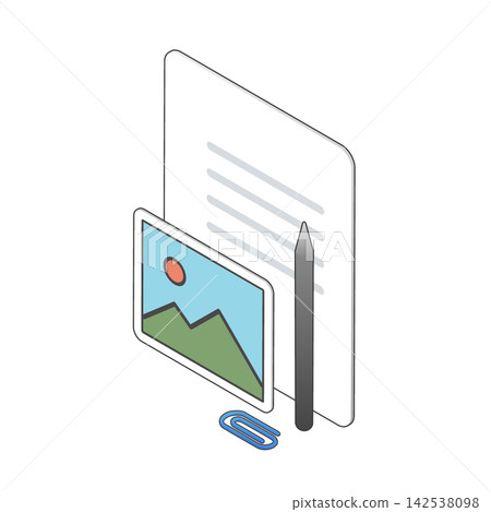 Isometric illustration of a document combining text, photographs, a pen, and a clip. 142538098