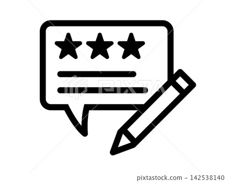 A highly visible black pictogram for review entry, combining star ratings, speech bubbles, and a pencil. A highly visible black pictogram for review entry, combining star ratings, speech bubbles, and a pencil. 142538140