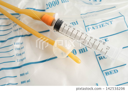 Foley catheter and urine drainage bag collect urine for disability or patient in hospital. Foley catheter and urine drainage bag collect urine for disability or patient in hospital. 142538206