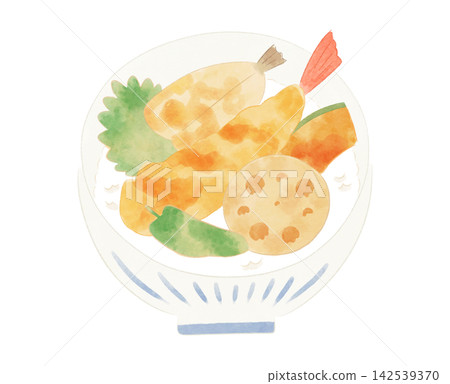 Cute and whimsical illustration of tempura rice bowl (watercolor style) Cute and whimsical illustration of tempura rice bowl (watercolor style) 142539370
