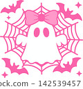 Cute Pink Ghost with Bow and Spider Web Halloween Illustration	 142539457