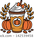 Cozy Pumpkin Spice Latte with Pumpkins and Autumn Leaves Illustration	 142539458