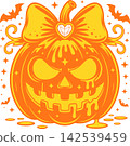 Glowing Halloween Pumpkin with Bow and Bats Illustration	 142539459