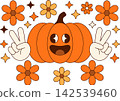 Cute Halloween Pumpkin with Peace Sign and Flowers Illustration 142539460