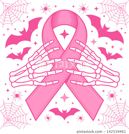 Halloween Breast Cancer Awareness Pink Ribbon with Skeleton Hands Illustration Halloween Breast Cancer Awareness Pink Ribbon with Skeleton Hands Illustration 142539461