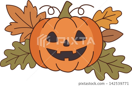 Cute Halloween pumpkin clipart with carved jack o lantern face and autumn leaves, isolated decorative element for seasonal crafts, invitations, stickers and printable designs Cute Halloween pumpkin clipart with carved jack o lantern face and autumn leaves, isolated decorative element for seasonal crafts, invitations, stickers and printable designs 142539771