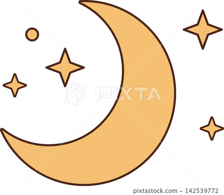 Whimsical crescent moon Halloween clipart with small decorative stars, a simple celestial element for spooky seasonal invitations, cards, crafts and printable designs Whimsical crescent moon Halloween clipart with small decorative stars, a simple celestial element for spooky seasonal invitations, cards, crafts and printable designs 142539772