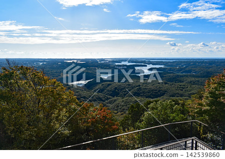 Mie Prefecture: Ago Bay as seen from Yokoyama Observatory and its wooden ramp. Mie Prefecture: Ago Bay as seen from Yokoyama Observatory and its wooden ramp. 142539860