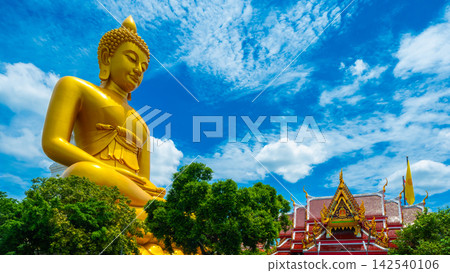 The large golden Buddha at Wat Pak Nam Phasi Charoen is the largest seated Buddha statue in Bangkok, Thailand It is a popular tourist destination and pilgrimage site and landmark The large golden Buddha at Wat Pak Nam Phasi Charoen is the largest seated Buddha statue in Bangkok, Thailand It is a popular tourist destination and pilgrimage site and landmark 142540106