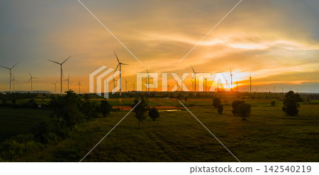 Landscape panorama of Many wind turbine at the fields at sunset Landscape panorama of Many wind turbine at the fields at sunset 142540219