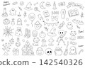 Halloween line art element set with cute spooky characters and holiday objects 142540326