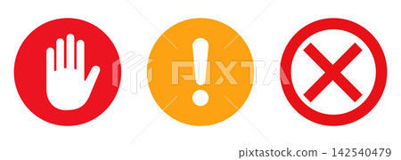 Set of three circular warning and prohibition signs with hand, exclamation mark, and cross symbols Set of three circular warning and prohibition signs with hand, exclamation mark, and cross symbols 142540479