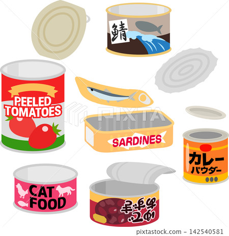 一組空食品罐頭的插圖。 一組空食品罐頭的插圖。 142540581