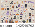 Cute Halloween sticker set with spooky characters, pumpkins, and holiday objects 142540702