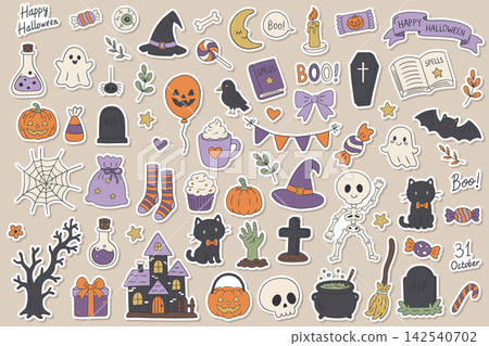 Cute Halloween sticker set with spooky characters, pumpkins, and holiday objects 142540702