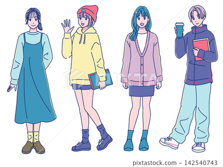 Four cute female students in an anime style Four cute female students in an anime style 142540743