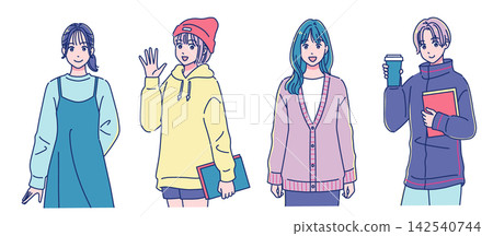 Four cute female students in an anime style Four cute female students in an anime style 142540744