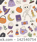 Cute Halloween seamless pattern with spooky skeleton, pumpkins, and holiday candy 142540754