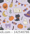 Cute Halloween seamless pattern with black cat, ghost, and pumpkins 142540786