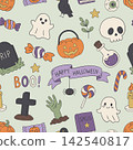 Cute Halloween seamless pattern with ghosts, pumpkin bucket, and skull 142540817