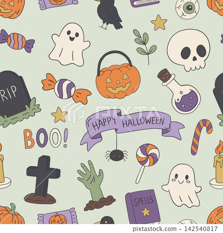 Cute Halloween seamless pattern with ghosts, pumpkin bucket, and skull Cute Halloween seamless pattern with ghosts, pumpkin bucket, and skull 142540817