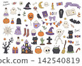 Cute Halloween element set with spooky characters, pumpkins, and holiday objects 142540819