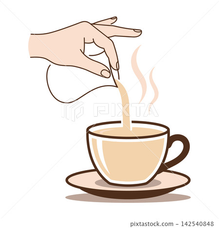Hand adding sugar to hot coffee in a white cup 142540848