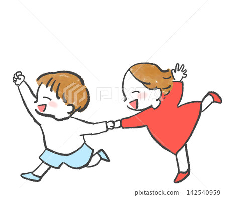 Children running and playing while holding hands Children running and playing while holding hands 142540959