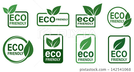 Collection of eco friendly green leaf emblems and labels 142541068