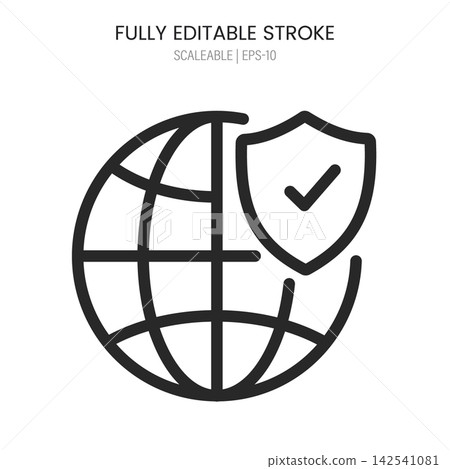 Global security icon vector illustration, line art globe with shield and checkmark for internet protection Global security icon vector illustration, line art globe with shield and checkmark for internet protection 142541081