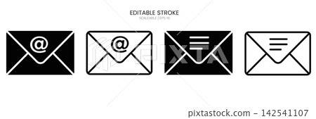 Set of email envelope icons with at symbol and text lines 142541107