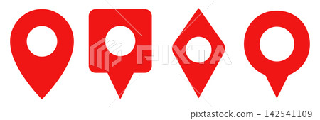 Set of four red map location pin icons with different shapes Set of four red map location pin icons with different shapes 142541109