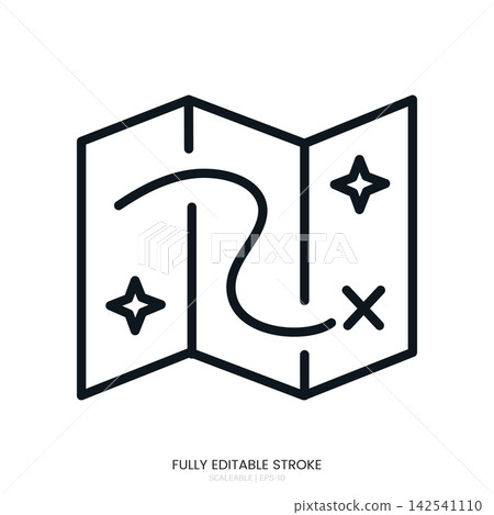 Line art icon of a folded map with a travel route 142541110