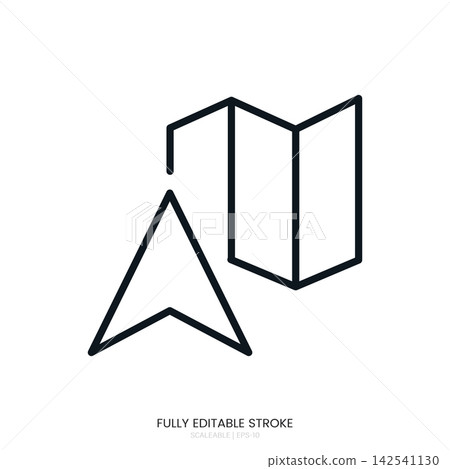 Minimalist navigation icon featuring an outlined folded map and a directional arrow symbol Minimalist navigation icon featuring an outlined folded map and a directional arrow symbol 142541130