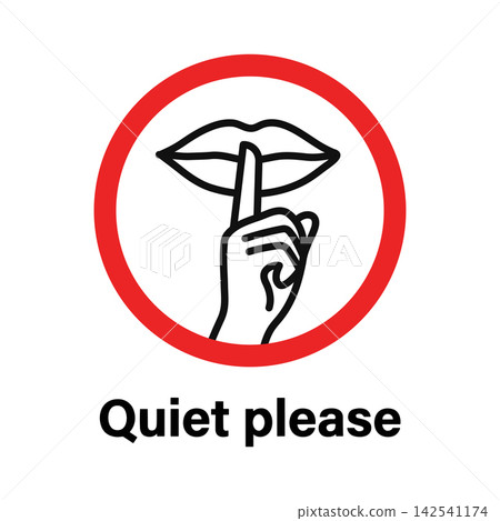 A circular red sign with black vector icon of lips and finger asking for silence and text quiet please A circular red sign with black vector icon of lips and finger asking for silence and text quiet please 142541174