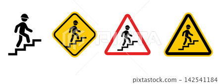 Vector icon of a person climbing stairs, presented in four different styles Vector icon of a person climbing stairs, presented in four different styles 142541184