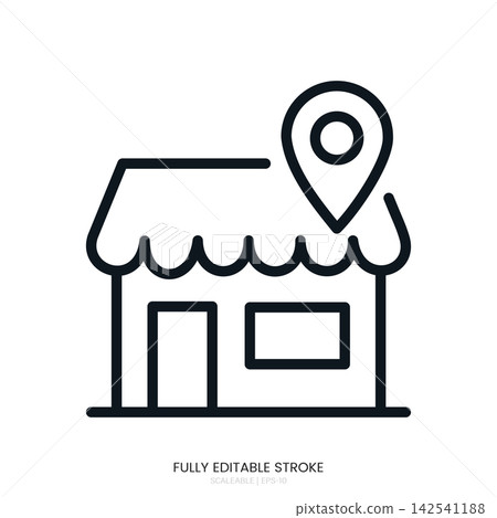 Store location icon with map pin on awning, fully editable stroke vector 142541188