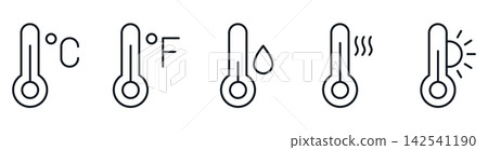 Set of five outline icons representing temperature in celsius and fahrenheit, humidity, heat, and sunny weather Set of five outline icons representing temperature in celsius and fahrenheit, humidity, heat, and sunny weather 142541190