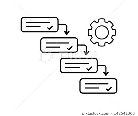 Waterfall Step by Step Process Icon with Four Sequential Completed Stages, Check Marks, Arrows and Gear. Simple Outline Workflow Diagram for Project Management, Planning and Task Progress. Waterfall Step by Step Process Icon with Four Sequential Completed Stages, Check Marks, Arrows and Gear. Simple Outline Workflow Diagram for Project Management, Planning and Task Progress. 142541306
